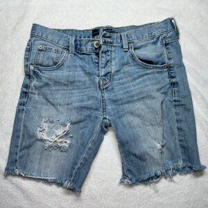 boyfriend fit ripped blue jean denim shorts three button size 2